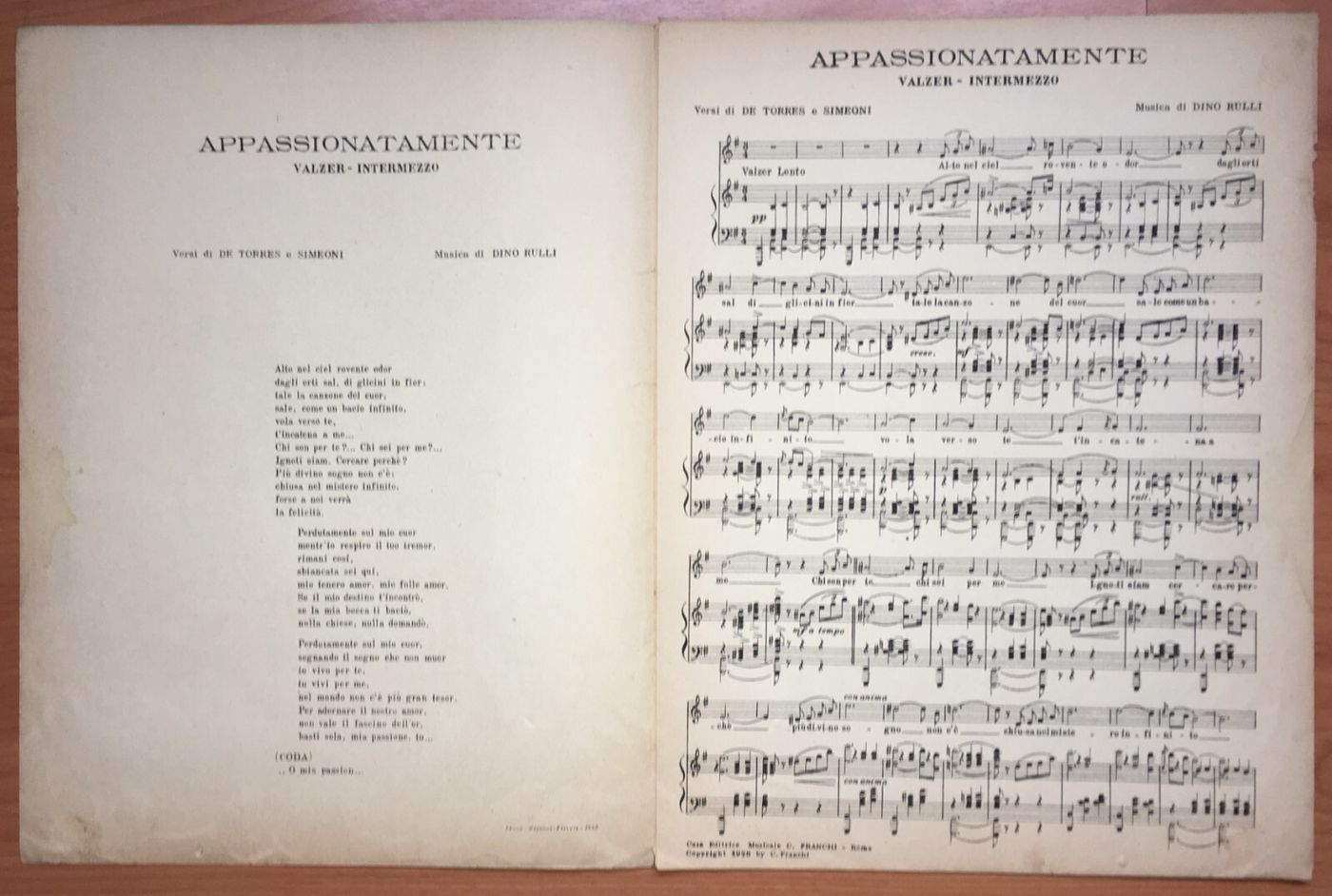 Spartito d'Epoca: Valzer Appassionatamente. Dino Rulli, Felix, 1945