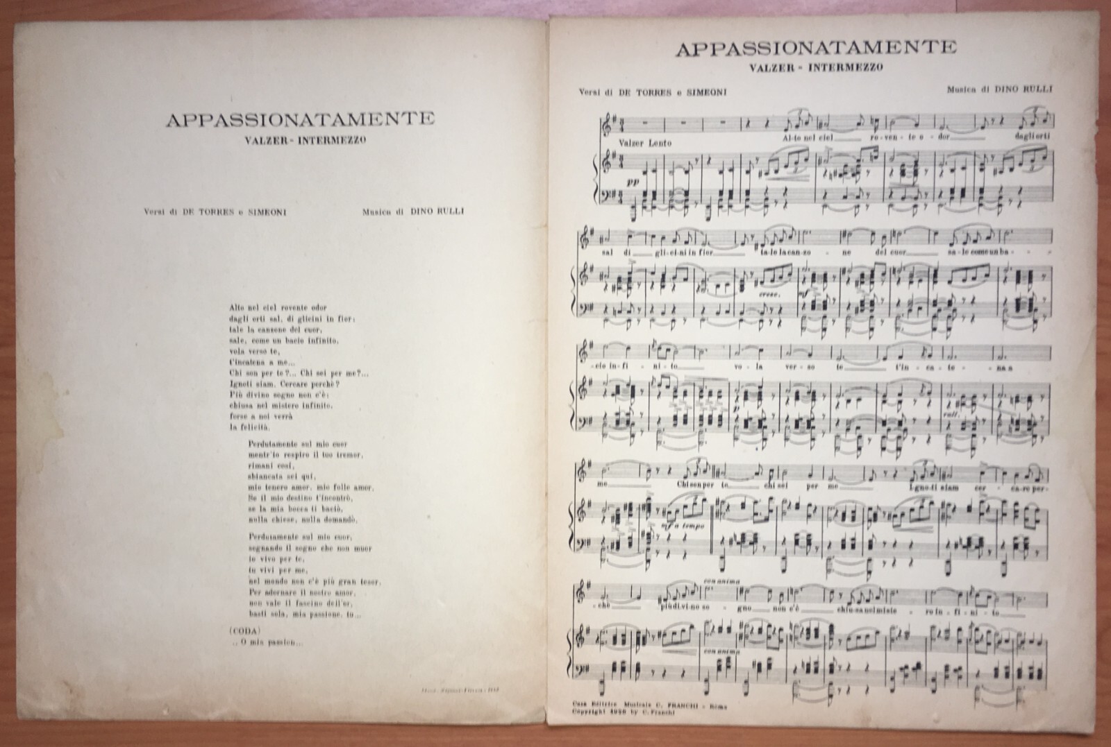 Spartito d'Epoca: Valzer Appassionatamente. Dino Rulli, Felix, 1945
