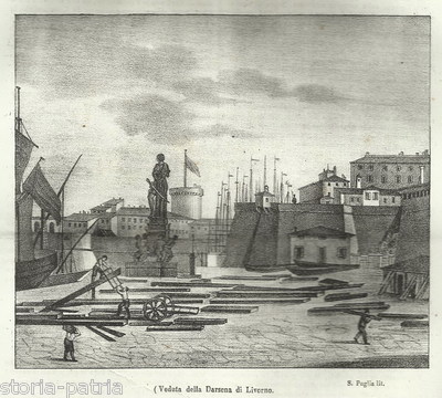 Toscana, Livorno, Darsena Porto, Antica Veduta Animata, S. Puglia, Litografia 1845