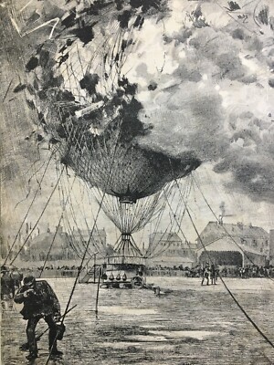 Aerostatica: Pallone Aerostatico E Mongolfiera Colpiti Da Fulmine. Antica Stampa Del 1884 Di D. Paolocci