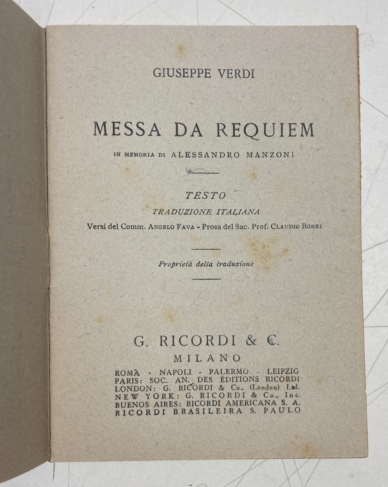 Teatro E Musica: Giuseppe Verdi, Alessandro Manzoni, Messa Da Requiem Edizione Ricordi, Milano