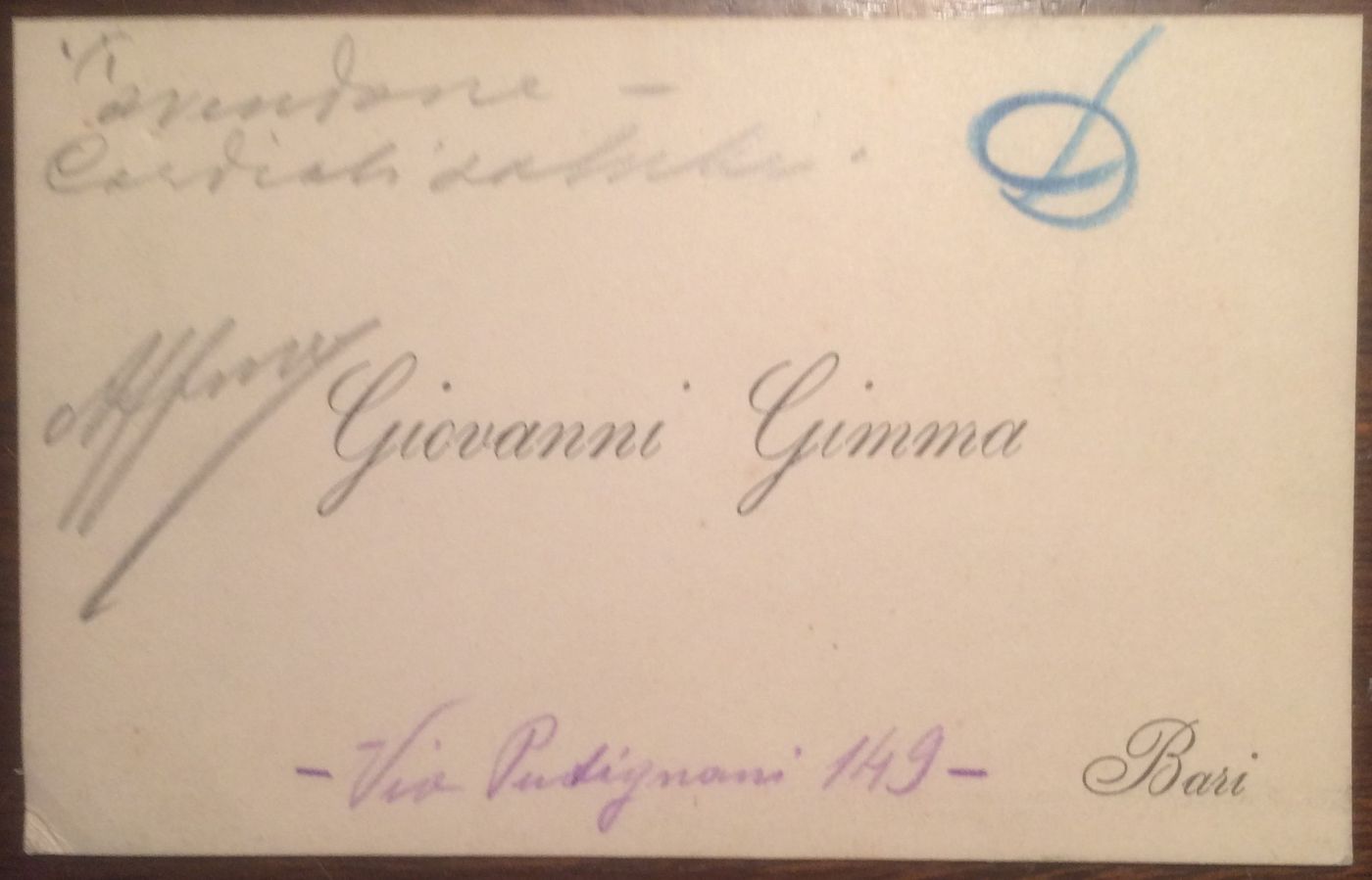 Antico Biglietto Da Visita Da Collezione, Puglia, Bari, Giovanni Gimma, Con Missiva