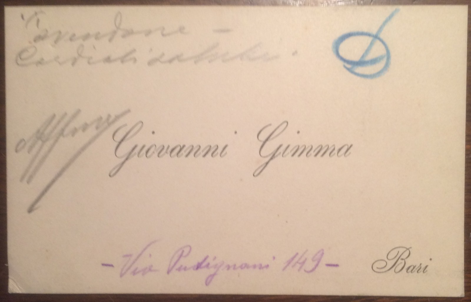 Antico Biglietto Da Visita Da Collezione, Puglia, Bari, Giovanni Gimma, Con Missiva