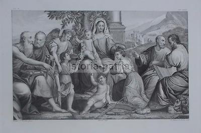Scena Devozionale: Madonna Col Bambino E Santa Caterina, Incisione Nardini E Toschi Da Palma Il Vecchio, XIX Secolo