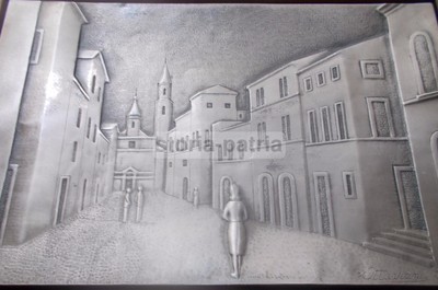 Pannello Decorativo In Argento 925 Di Ottaviani, Veduta Di Paese Con Chiesa, 1974