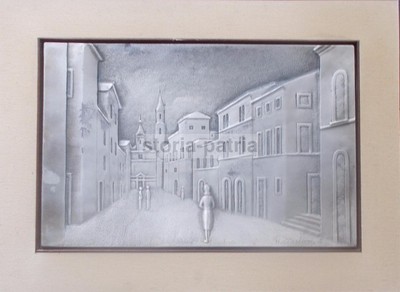 Pannello Decorativo In Argento 925 Di Ottaviani, Veduta Di Paese Con Chiesa, 1974