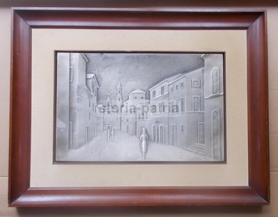 Pannello Decorativo In Argento 925 Di Ottaviani, Veduta Di Paese Con Chiesa, 1974