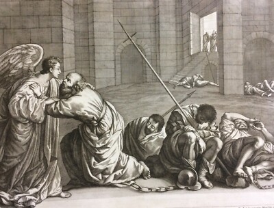Antica Stampa Popolare Devozionale   Artista Guercino   Petrucci   Lorenzini   Scena Biblica