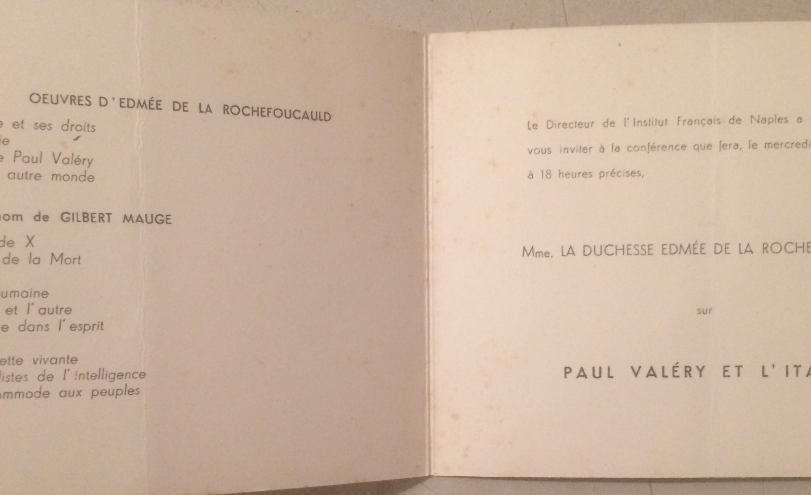 Napoli, Istituto Francese: Conferenza, Invito d'Epoca Della Duchessa De La Rochefoucauld
