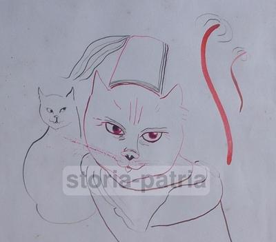 Lilian Von Radloff: Disegno Originale A Colori Con Gatti, Ischia, 1961