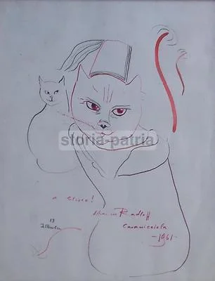 Lilian Von Radloff: Disegno Originale a Colori con Gatti, Ischia, 1961