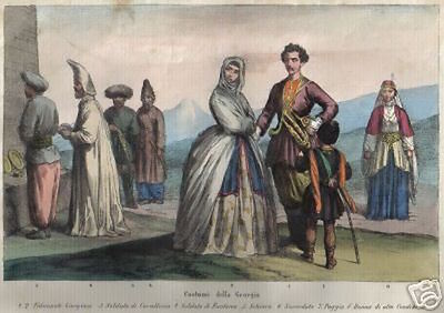 Georgia: Militaria, Costumi E Società. Antica Litografia Decorativa Da Collezione