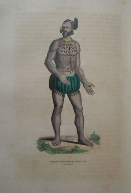 Viaggi, Folklore, Oceania: Arcipelago Romanzoff, Indigeno Con Tatuaggi. Stampa Dell'Ottocento.
