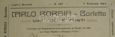 Enologia, Vino, Olio: Antico Listino, Puglia, Barletta, Borgia. Pieghevole d'Epoca, 1924