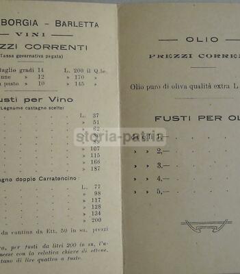Enologia, Vino, Olio: Antico Listino, Puglia, Barletta, Borgia. Pieghevole d'Epoca, 1924