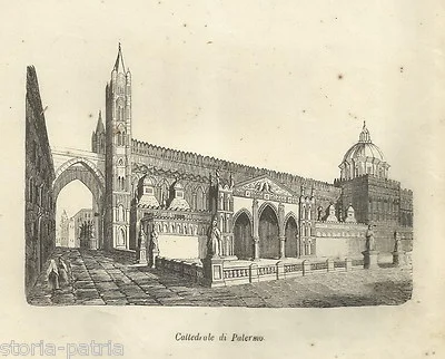 Sicilia, Palermo: Cattedrale, Architettura, Antica Prospettiva, Xilografia dell'Ottocento
