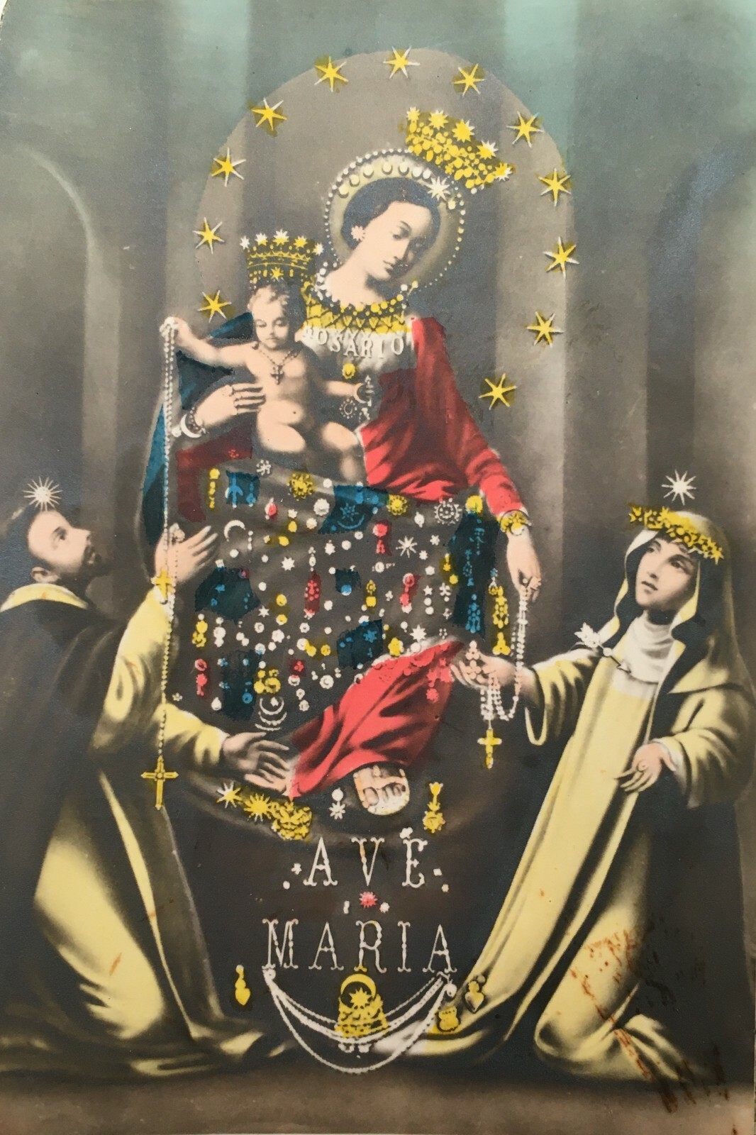 Napoli, Pompei, Madonna Del Rosario, Inusuale Santino Fotografico Colorato A Mano