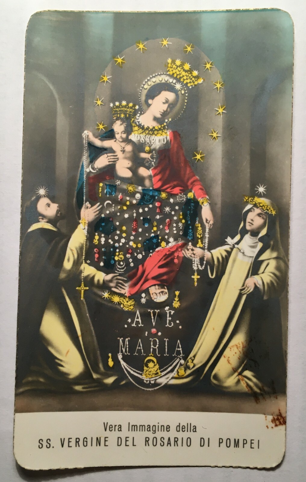 Napoli, Pompei, Madonna Del Rosario, Inusuale Santino Fotografico Colorato A Mano