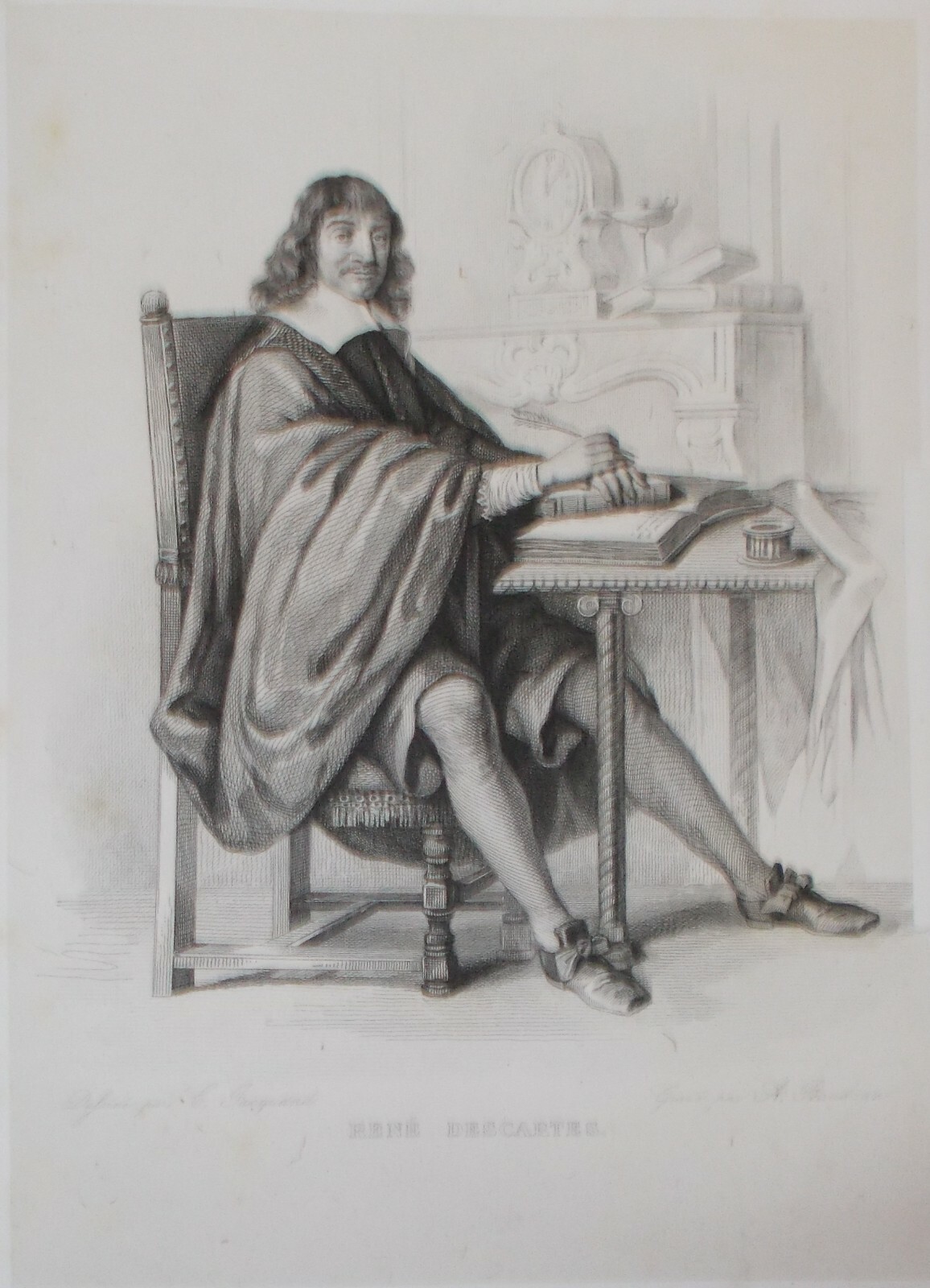 René Descartes, Antico Ritratto: Incisione Originale Di Baudran Da Jacquand