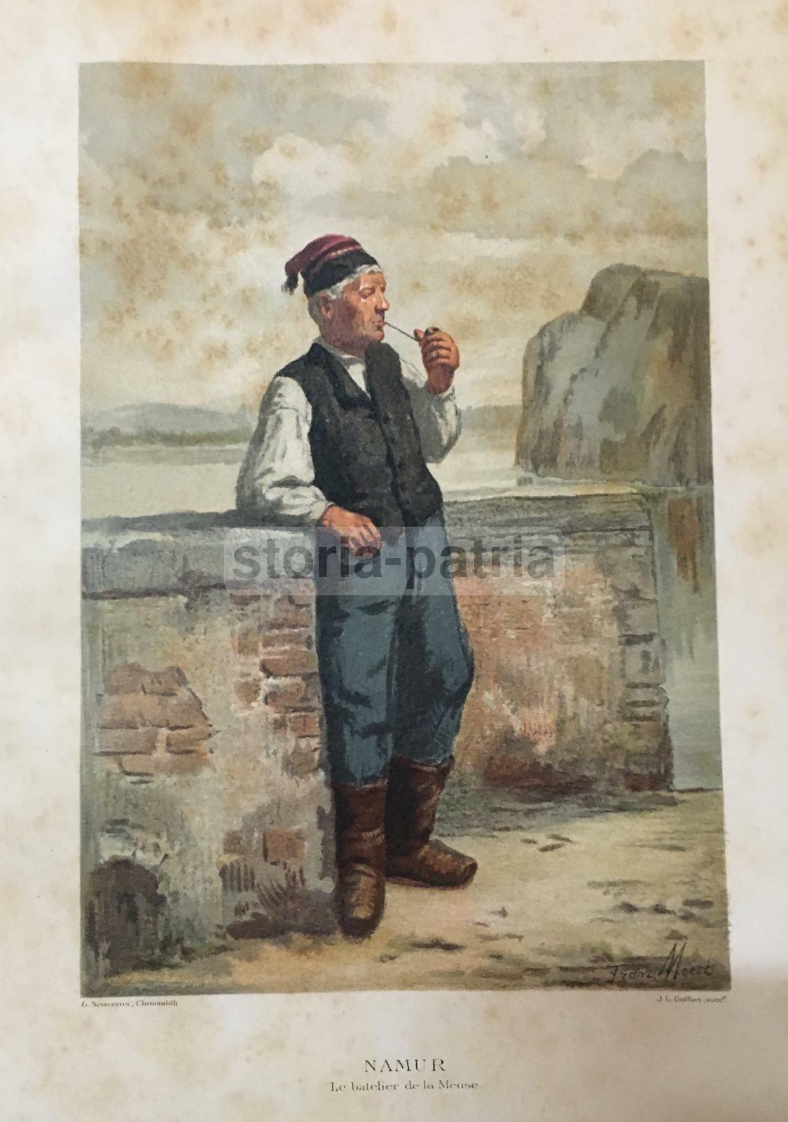 Namur: Le Batelier De La Meuse. Battelliere Sulla Mosa, Belgio. Stampa Cromolitografica Antica