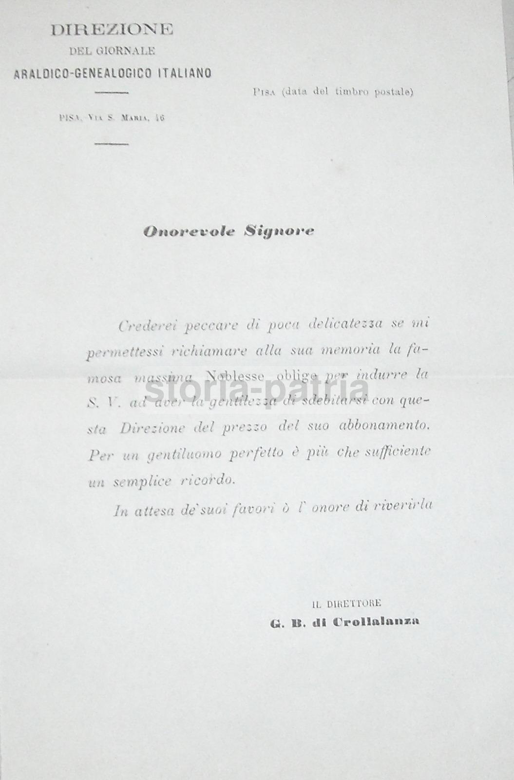 Araldica E Genealogia Di Crollalanza, Pisa: Antico Volantino Da Collezione Del XIX Secolo
