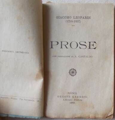 Marche, Recanati, Prose Di Leopardi, Mini Edizione Garroni: Moda, Morte, Atlante, Luna