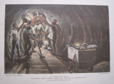Traforo Del Cenisio: Perforazione Della Galleria, Illustrazione d'Epoca Di Rodolfo Paoletti