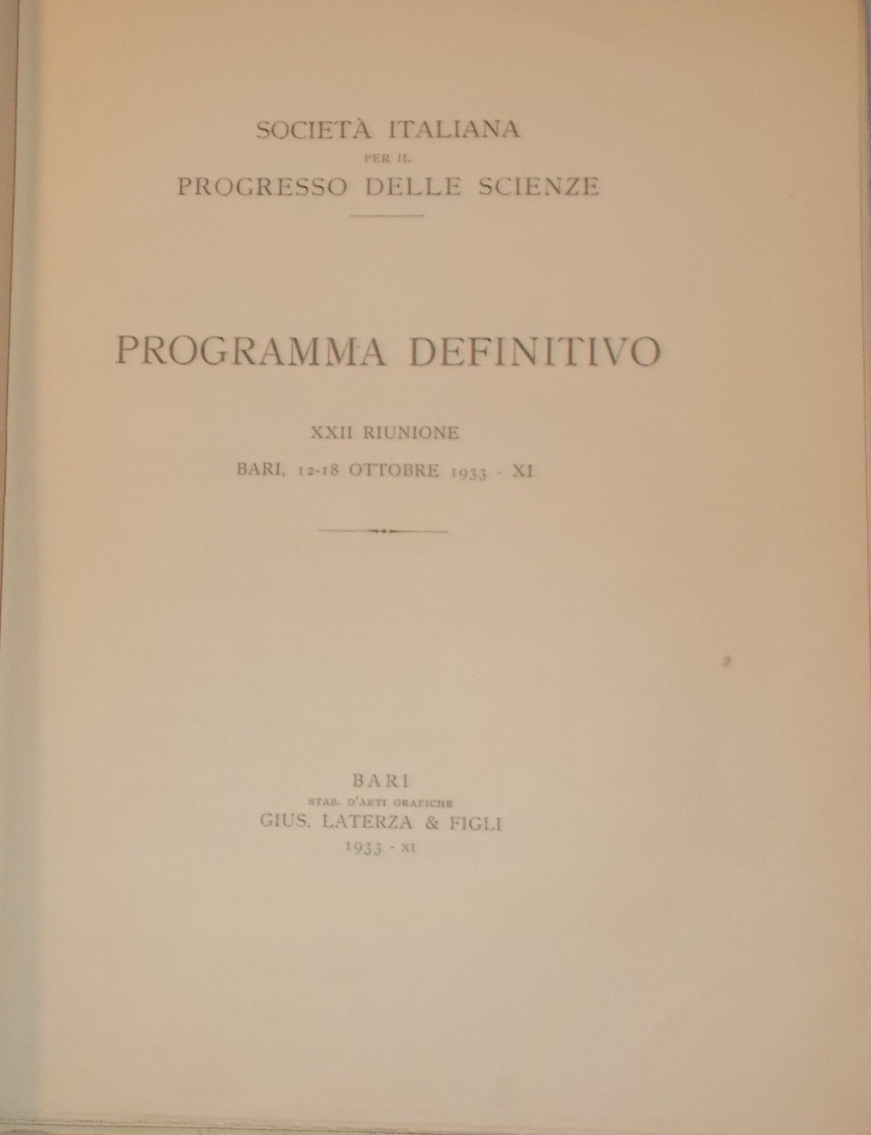 Puglia: Congresso Sips 1933, Programma Della Manifestazione (Bari, Gargano, Matera)