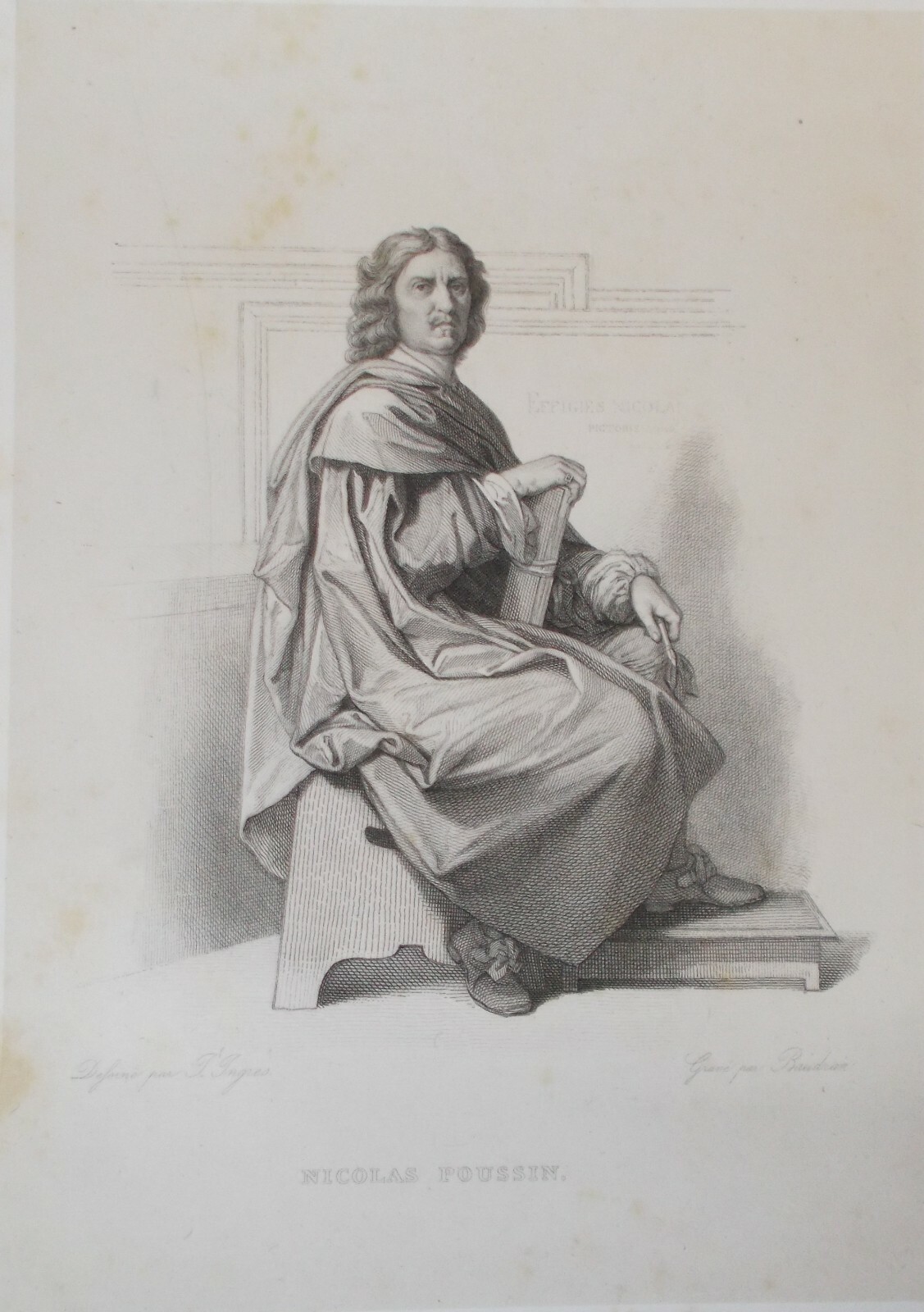 Antico Ritratto Di Nicolas Poussin. Incisione Di Baudran Da Ingres, XIX Secolo