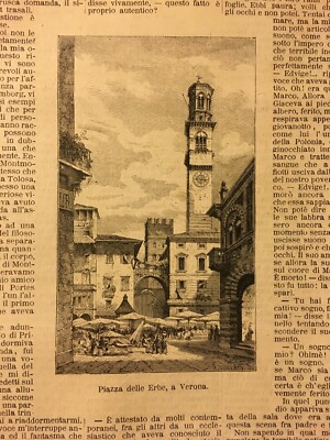 Veneto, Verona: Animata Piazza Delle Erbe. Antica Veduta, Stampa Da Collezione