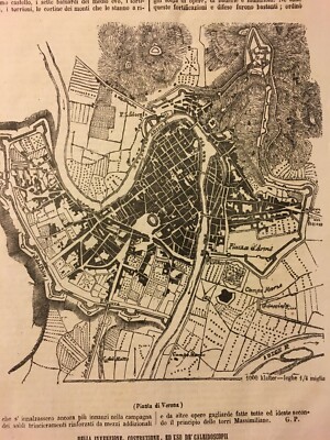 Veneto, Verona: Antica Mappa Topografica, Stradario, Bastioni, Adige, Piazza d'Armi
