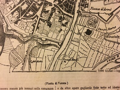 Veneto, Verona: Antica Mappa Topografica, Stradario, Bastioni, Adige, Piazza d'Armi