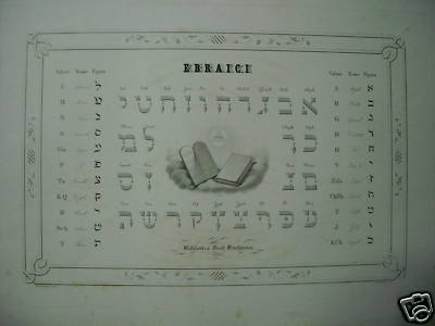 Calligrafia, Scrittura, Alfabeto Ebraico. Antica Incisione Decorativa