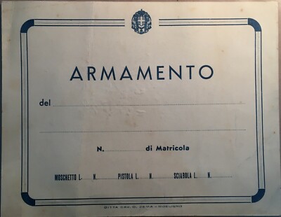 Militaria, Scheda Armamento: Moschetto, Pistola, Sciabola. Puglia, Bari, Modugno. Zema.