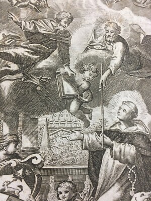 Antica Stampa Popolare Devozionale Con Araldica, Scena Biblica E San Domenico