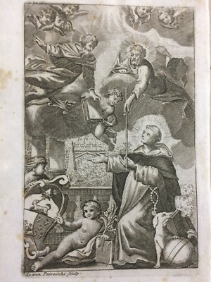 Antica Stampa Popolare Devozionale Con Araldica, Scena Biblica E San Domenico