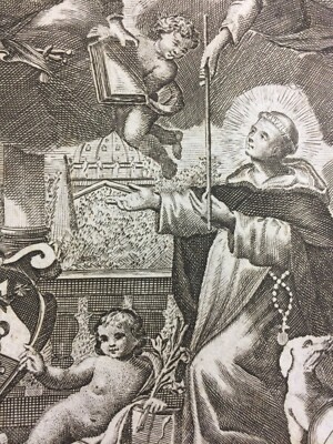 Antica Stampa Popolare Devozionale Con Araldica, Scena Biblica E San Domenico