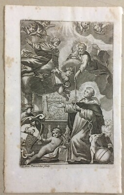 Antica Stampa Popolare Devozionale Con Araldica, Scena Biblica E San Domenico