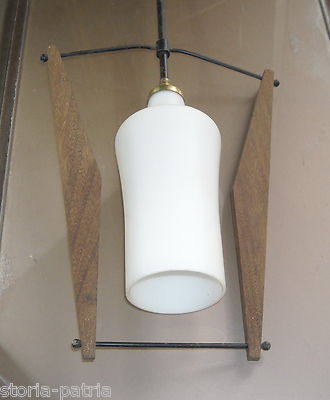 Lampadario d'Epoca Stile Giò Ponti In Metallo Brunito E Vetro Opalescente