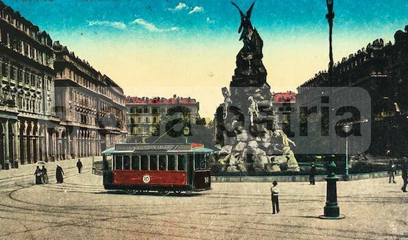 Piemonte, Torino, Monumento Al Frejus, Antica Veduta A Colori, Tramvia, Tram, Stampa