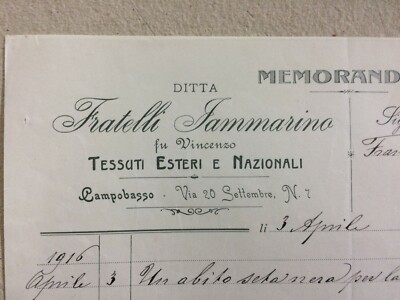 Molise, Campobasso, Iammarino   Tessuti E Moda. Ricevuta Commerciale Pubblicitaria, 1916