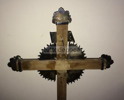 Croce Devozionale In Legno Di Noce E Applicazioni In Argento, Primo '900
