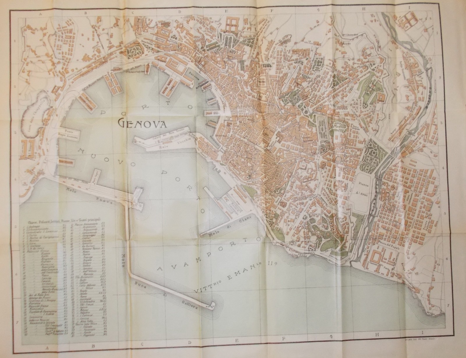 Genova: Antica Cartografia, Mappa Topografica Della Città Con Viabilità E Monumenti