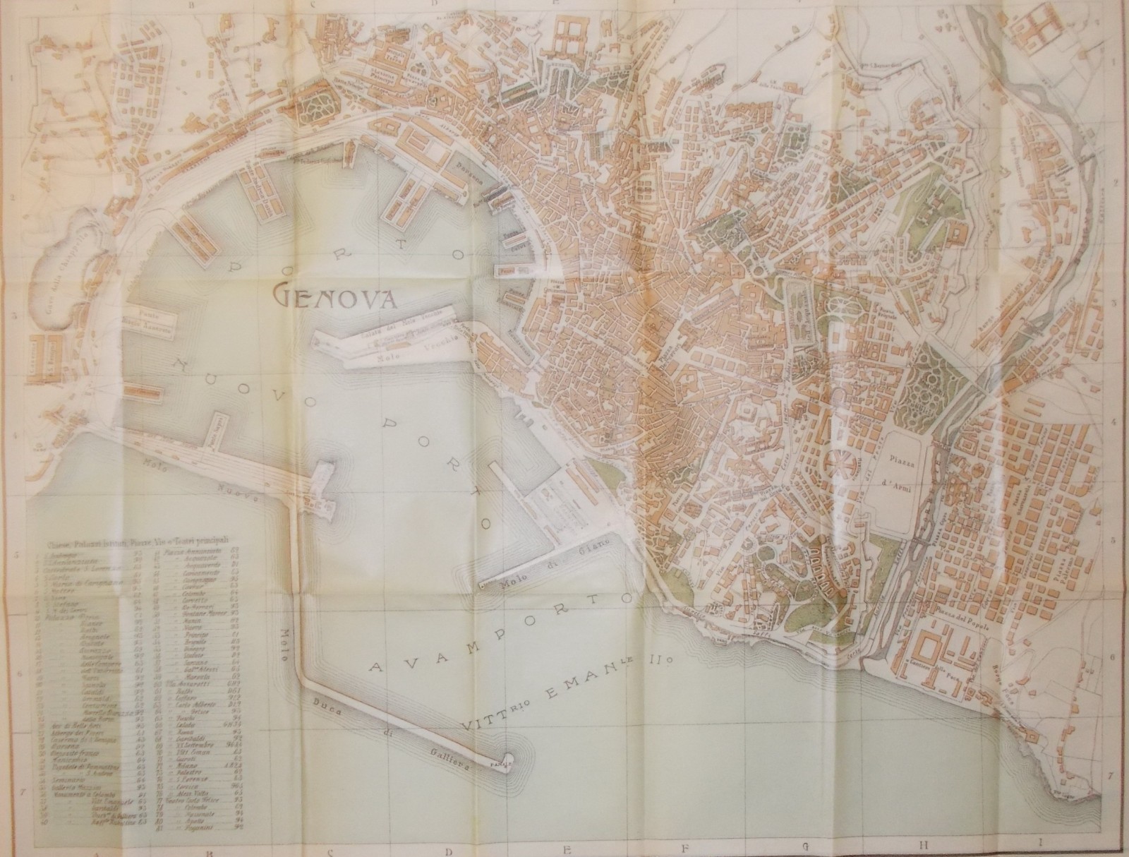 Genova: Antica Cartografia, Mappa Topografica Della Città Con Viabilità E Monumenti