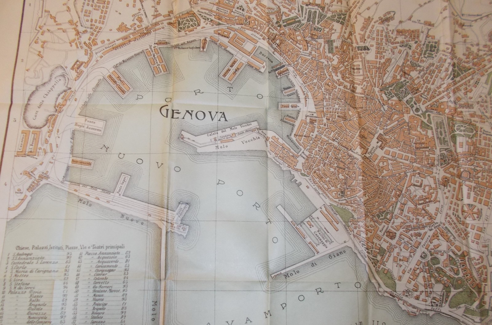Genova: Antica Cartografia, Mappa Topografica Della Città Con Viabilità E Monumenti