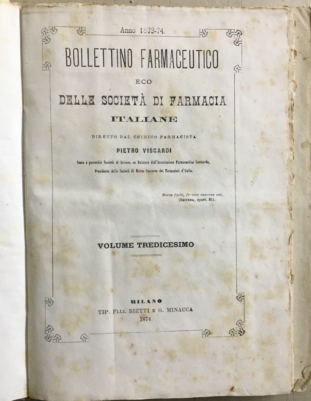 Bollettino Farmaceutico: Medicina, Farmacia, Chimica (1873 1874) Ruspini, Viscardi