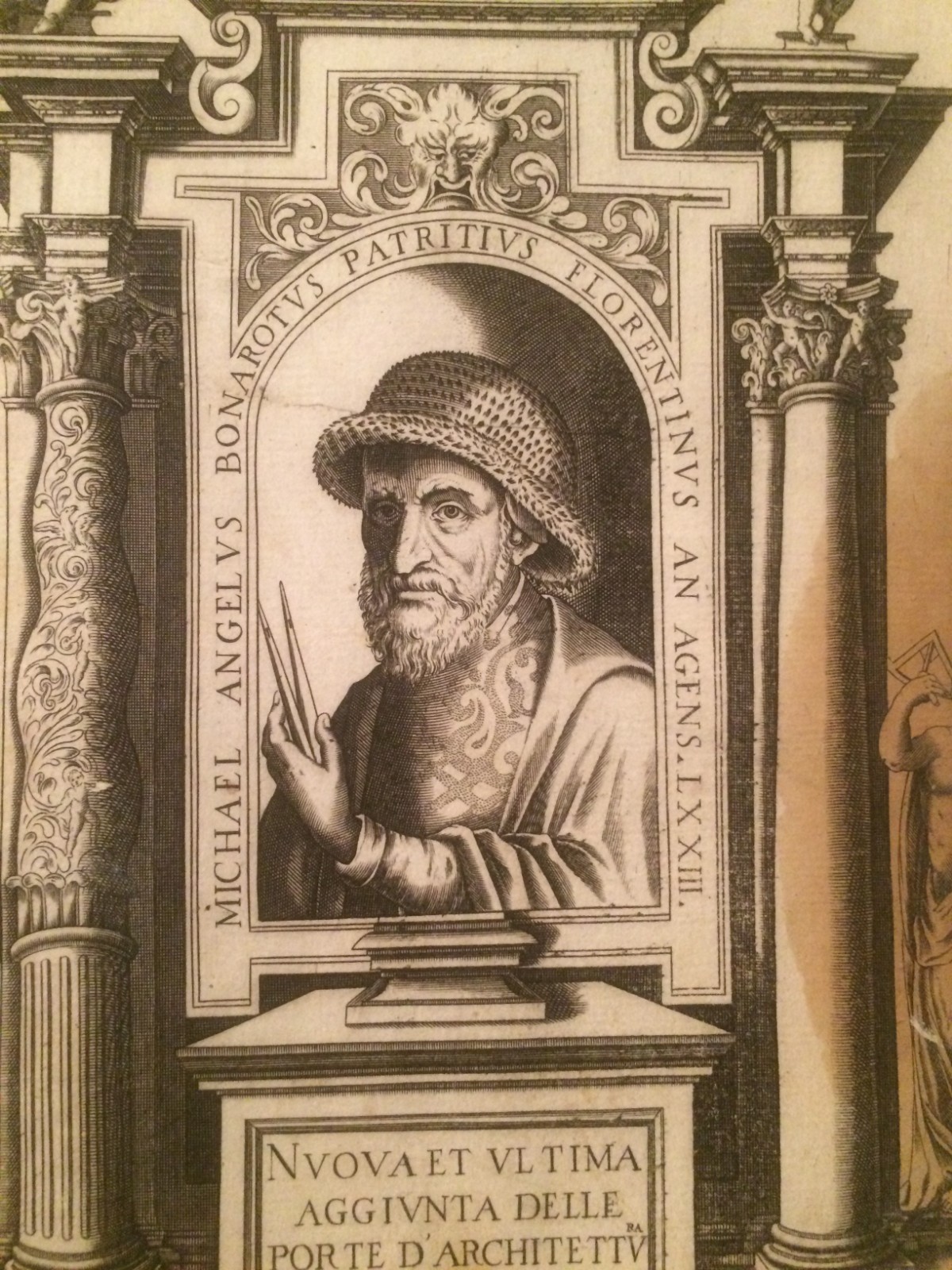 Michelangelo Buonarroti. Ritratto Dell'Artista Con Allegorie Delle Arti. Incisione All'Acquaforte