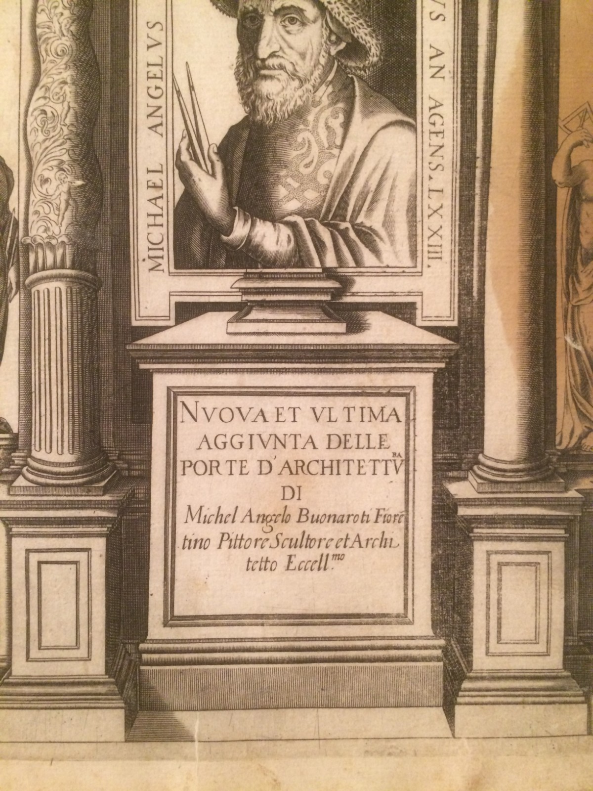 Michelangelo Buonarroti. Ritratto Dell'Artista Con Allegorie Delle Arti. Incisione All'Acquaforte