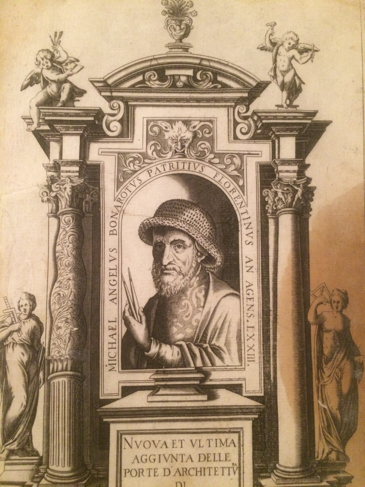 Michelangelo Buonarroti. Ritratto Dell'Artista Con Allegorie Delle Arti. Incisione All'Acquaforte