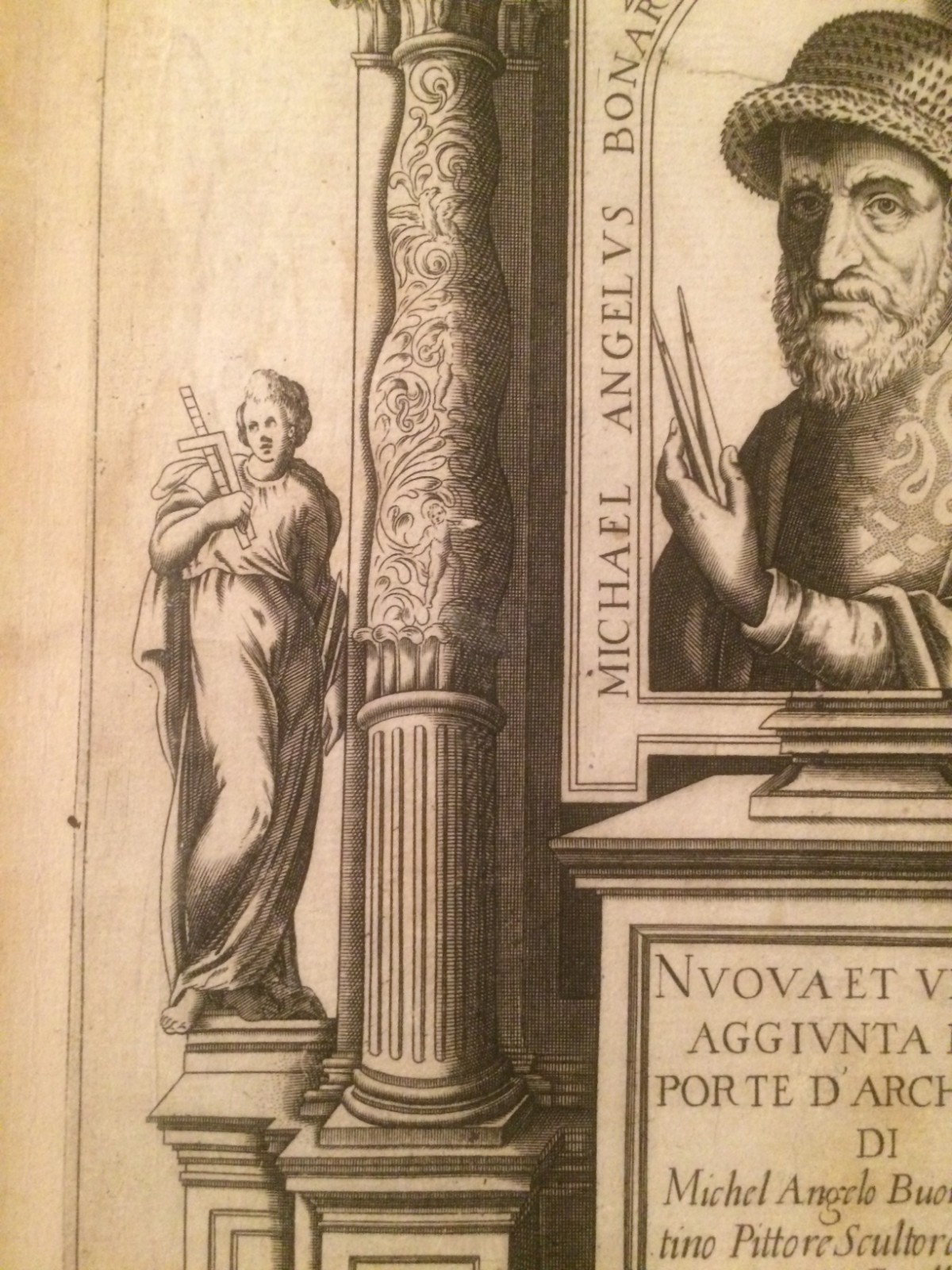 Michelangelo Buonarroti. Ritratto Dell'Artista Con Allegorie Delle Arti. Incisione All'Acquaforte